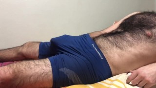 Hairy chest man bulge dick and ball massage slip boxer panties