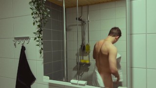 Hunk teasing his hole and cock in the shower
