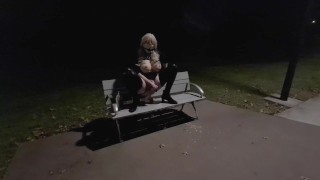 I leave my clothes behind and ride a fat dildo at a train station park and road